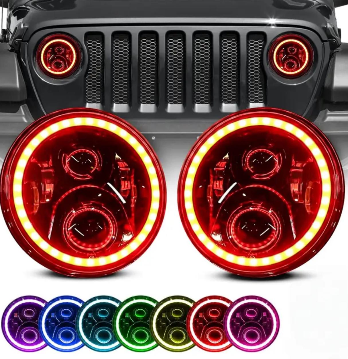 Par de faros LED RGB. Luces con iluminación multicolor y efectos.