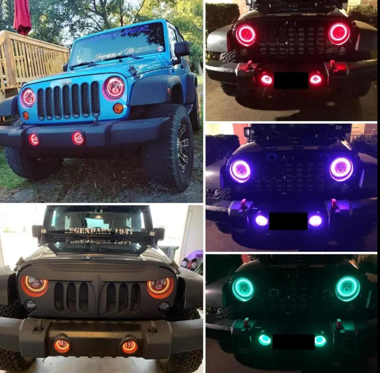 Par de faros LED RGB. Luces con iluminación multicolor y efectos.