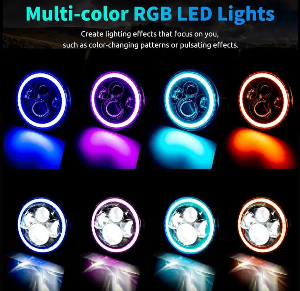 Par de faros LED RGB. Luces con iluminación multicolor y efectos.