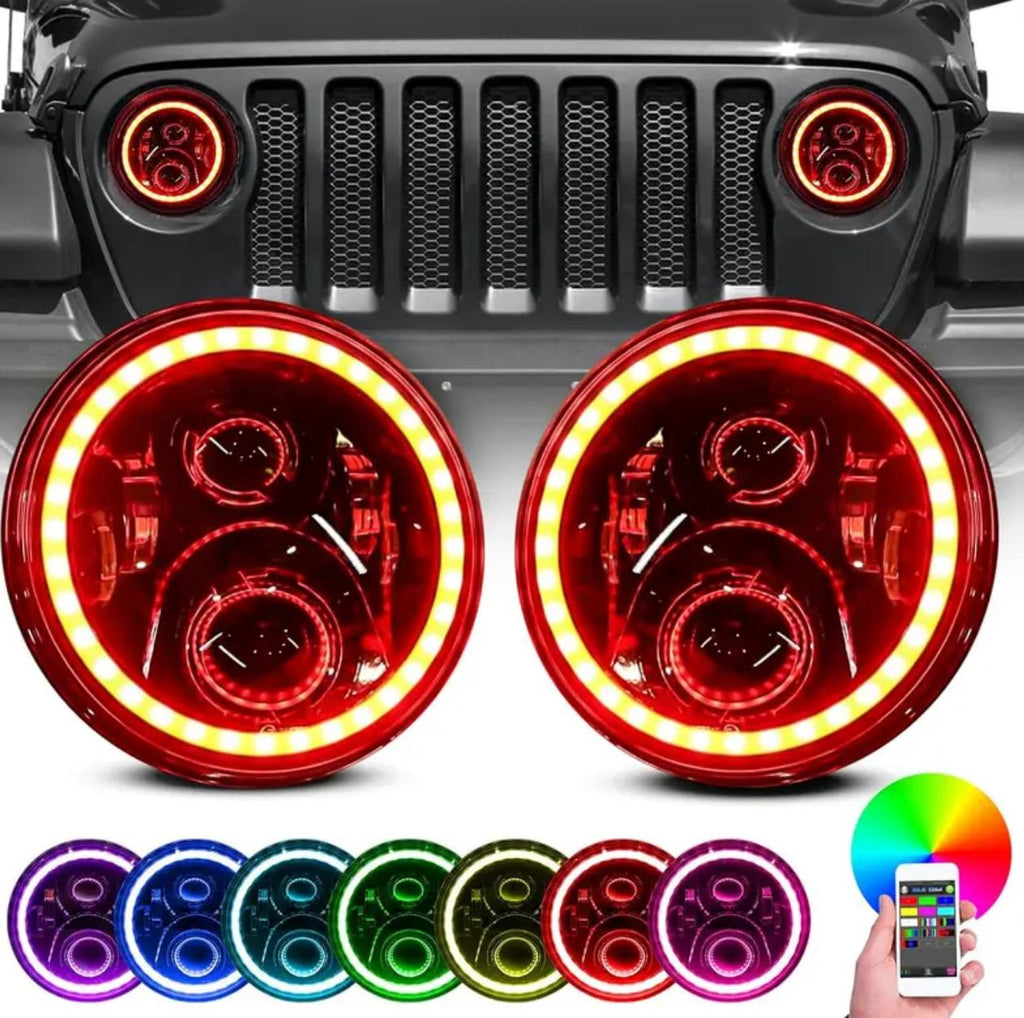 Par de faros LED RGB. Luces con iluminación multicolor y efectos.