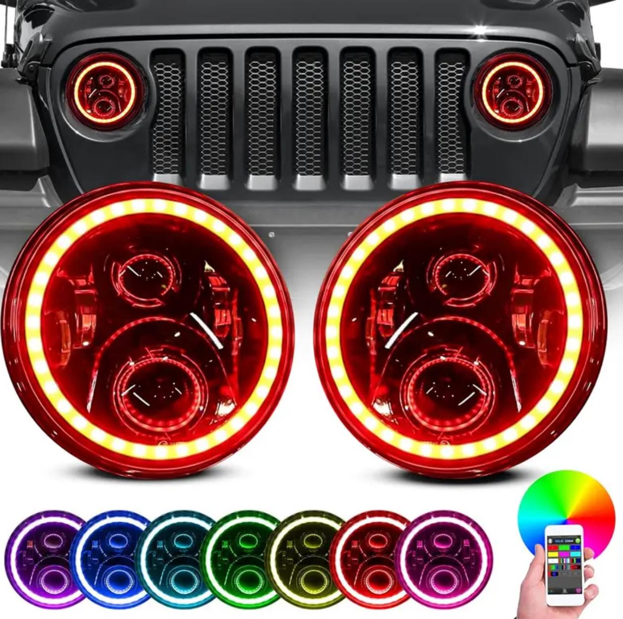 Par de faros LED RGB. Luces con iluminación multicolor y efectos.